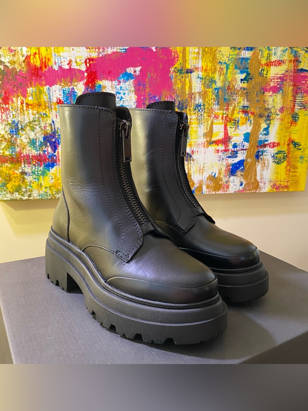 Thursday Boot Company Black Chunky Lug Zip-Up Ankle Boots